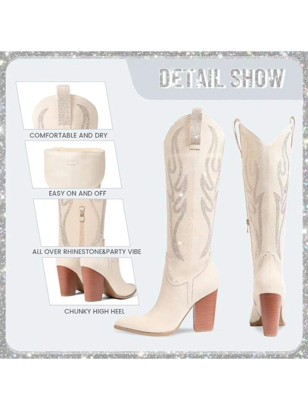 Women's Beige Embroidered Rhinestone Wide Calf Side Zipper Western Cowgirl Boots